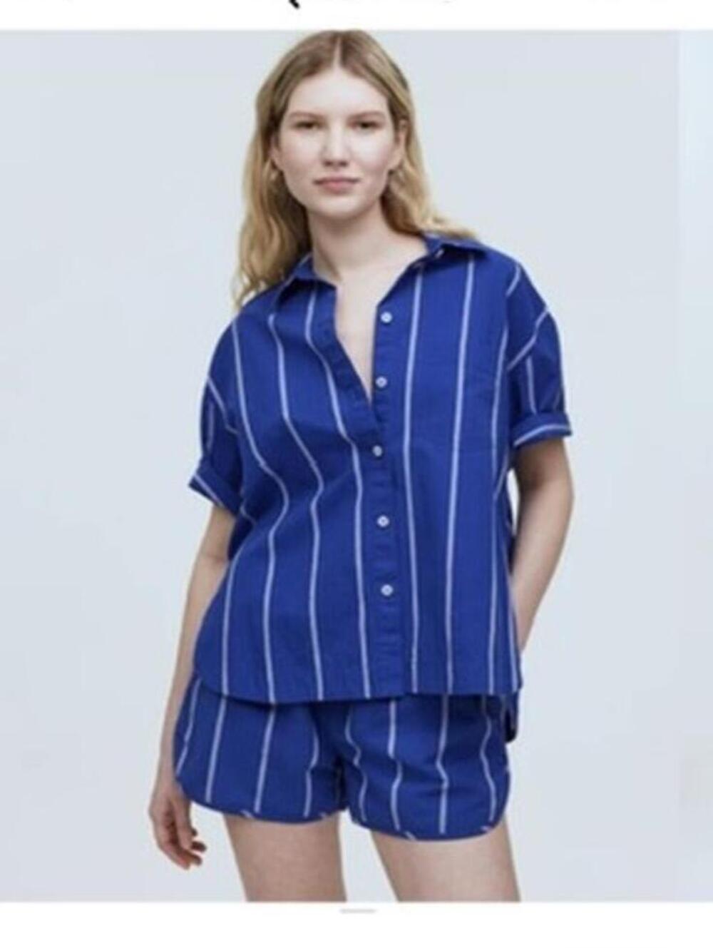 Anthropologie Madewell Oversized Boxy Button-Up Shirt Striped poplin cotton - Picture 3 of 11